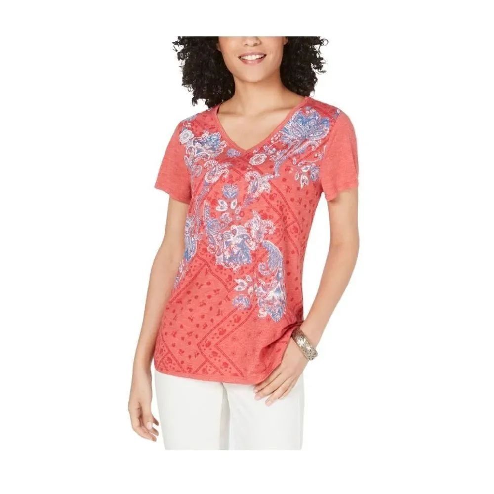 Style & Co orange blue paisley short sleeved top